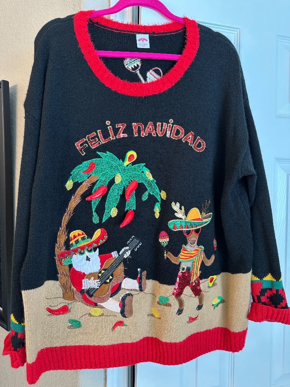 Women's XXL Feliz Navidad Ugly Christmas Sweater with Peppers